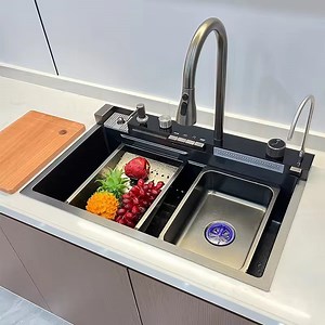 [Hot Item] 304 Stainless Steel Brushed Gold Single Sink Waterfall Faucet Steel Sink for Kitchen