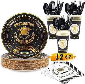 2021 Graduation Decorations Party Supplies, Graduation Party Tableware Set With Black Gold Gradutaion Plates Cups Nakines Knifes forks And Spoons, Congrats Grad Party Supplies For 25 Guests