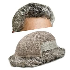Super Thin French Lace Mens Toupee Hairpieces Human Hair Replacement Transparent Lace Front Bleached Knots Poly Skin mens Hair System Black Brown Blonde Gray Natural Wigs for men USA (8"x10" (W x L ), #460 Medium Brown+60%Gray-100% Light to Med-Light)