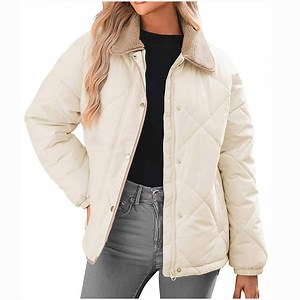 Maqroz Quilted Jackets for Women Lightweight Winter Casual Long Sleeve Button Down Puffer Coats Sherpa Lapel Collar Padded Trendy Barn Jacket Outerwear, Beige L