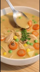 Chicken Pot Pie Soup Ingredients Serves 10 people 5 cups cooked chicken (shredded) 1 medium yellow onion (1 cup chopped) 2 medium carrots (thinly sliced into rings) 2 celery sticks (finely chopped) 8 oz white or brown mushrooms (sliced) 1 lb Yukon gold potatoes 1/4 cup parsley (finely chopped, plus more for garnish) 1 cup corn (frozen or canned) 6 tbsp unsalted butter 1/2 cup whipping cream 6 cups chicken stock 1 cup frozen peas 1/3 cup all-purpose flour 3 garlic cloves (minced) 3-4 tsp salt (or