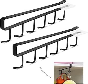 FANJURNEY 2PCS Mug Hooks Under Shelf Mug Holder Cups Storage Rack Drilling Free Coffee Cups Holder Kitchen Belts Scarf Hanging Hooks Rack, Fit for Flat Buttom Cabinet Without Any Lip