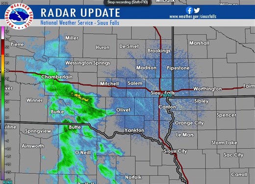 Radar loop from 250 to 330 pm showing area of light showers moving toward the lower James River valley. Most areas will see from sprinkles to a few hundredths of an inch. There could be a little thunder working into the western Missouri River area early this evening. | US National Weather Service Sioux Falls South Dakota