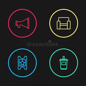 Set Line Cinema Ticket, Paper Glass with Water, Chair and Megaphone Icon. Vector Stock Vector - Illustration of lineart, paper: 215754275