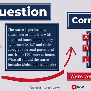 Give our #WednesdayWisdom practice question a try. Come back to the caption for answer rationale, core concepts, and references. Let’s keep learning fun! 📚🩺 . . . . RATIONALE 👉Blood glucose levels should be monitored every 6 hours or if symptoms of hyper/hypoglycemia present. 👉Discard any unused TPN solution within 24 hours of starting administration. Weigh patient daily as weight gain greater than 1 pound per day indicates fluid retention. 👉Aseptic/sterile technique should be used when cha