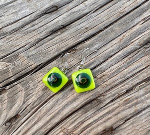 Fused Glass Earrings: Green Millefiori Accent, Gold Findings - Etsy