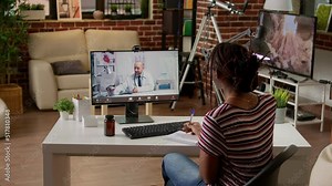 Female patient talking to doctor on telemedicine videocall, using remote online conference for telehealth consultation. Woman calling physician on videoconference with webcam, medicare.