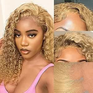 Amazon.com : Honey Blonde Bob Curly Lace Front Wig Human Hair 13x4 HD Lace human Hair Wig for Women #27 Colored Wig with Baby Hair 150% Density Pre Plucked with Naturale Blonde Deep Wave Human Hair Wig 10 inch : Beauty & Personal Care