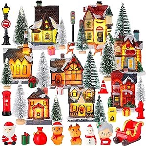 Liliful 40 Pcs Christmas Village Sets Lighted LED Christmas Village Houses with Figurines Resin Xmas Scene Figurines Collectible Buildings Miniature Town Scene Desktop Decor