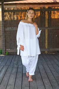 Oversized White Linen Blouse: Off-shoulder Tunic Top, Plus Size Clothing - Etsy