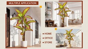 Artificial Banana Golden & Purple Tree 8FT with 19 Tricolor Leaves & 3 Trunks Lifelike Thick Leaf Tall Large Faux Tropical Autumn Plant 96 Inch Black Pot for Indoor Home Office Corner Decor