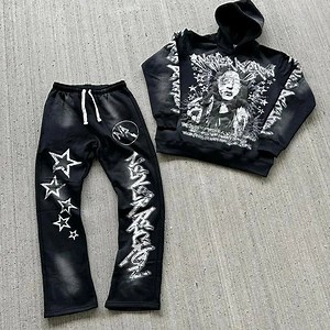 [Hot Item] Streetwear Manufacturer Distressed Print Sweatpants and Hoodie Set Men Vintage Acid Wash Custom Sweatsuit Tracksuit