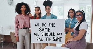 Group, women and protest poster for justice empowerment, diversity support and basic human rights or equality fight. Interracial community, teamwork and stand together with discrimination sign board