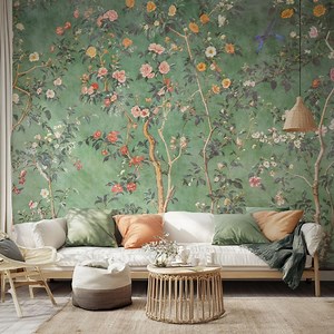 Green Chinoiserie Wallpaper, Enchanted Asian Garden, Slender Trees and Plants Mural - Removable Peel Stick and Traditional - Etsy