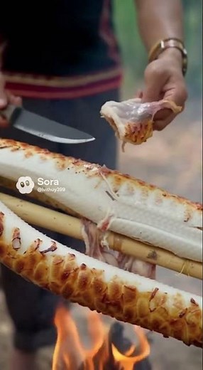 Grilled python meat in the forest