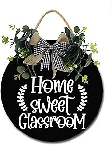 Home Sweet Classroom Sign for Front Door, Decor for Farmhouse Porch Decorations, Round Wooden Hanging Sign Housewarming Gift for Home Outdoor Indoor, 12In