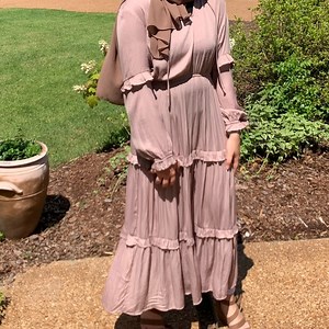 Pink Long Sleeve Satin Maxi Dress. Satin tiered evening dress. Perfect Condition