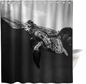 Sea Turtle Shower Curtain Black and White Beach Theme Nautical Ocean Cute Animal Kids Bathroom Decor Sets with Hooks Waterproof Washable 72Wx72H Grey