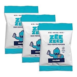 Zee Zees Sea Salt Half-Popped Popcorn, 1.28oz, 18 Count, Nut Free, Gluten Free, Vegan, Kosher, Whole Grain, Safe for School, Allergy Friendly, Back to School