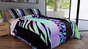 Leopard Print Comforter Set Queen Size,Wild Cheetah Zebra Skin Texture Patchwork Bedding Set,Girls Women Room Decor,Stripes Geometric Fashion Down Comforter,Rose Pink Duvet Insert,2 Pillowcases