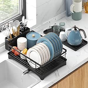 CHLORYARD Dish Drying Rack, Large Dish Racks for Kitchen Counter, Rustproof Dish Drainer with Silicone Drying Mat, Utensil Holder, Adjustable Swivel Spout for Kitchen Sink, Black