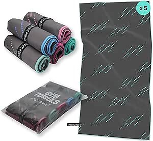 Gym Towel Set of 5 - Microfiber Sweat Towels for Workout, Hot Yoga, Sports. 16x30 inches, Mix Colors