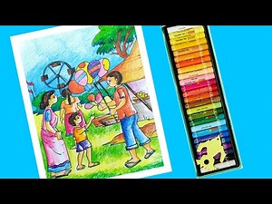 Beautifull village scenery drawing.//.Oil pastel village fair scenery drawing.//Sandip Maji.