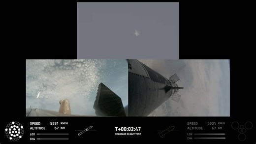 Starship’s Raptor engines have ignited during hot-staging separation. Super Heavy is executing the flip maneuver and boostback burn | SpaceX