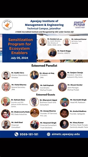 The Entrepreneurship Development Cell #EDC of #Apeejay #Institute of #Management & #Engineering #RamaMandi #Jalandhar in collaboration with #StartupPunjab, successfully organized the ‘Sensitization Programme for Ecosystem Enablers’ under the initiative 4E - Engage & Encourage: Ecosystem Enablers on July 5, 2024. #ApeejayInstitute #StartupPunjab #ExpertLecture #StartupEcosystem #EcosystemEnablers #Innovation #Entrepreneurship #Collaboration #Growth | Apeejay Institute of Management & Engineering 