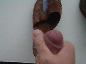 Cum in and on brown leather mules