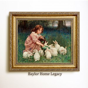 Girl Feeding White Rabbits Oil Painting Canvas Print, Framed or Unframed Vintage Bunny Wall Art, Child and Rabbit Wall Art, White Rabbit Art - Etsy