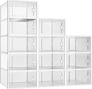 Hourleey 12 Pack Storage Box, Clear Plastic Stackable Organizer for Closet, Space Saving Foldable Rack Containers Holders with Lids