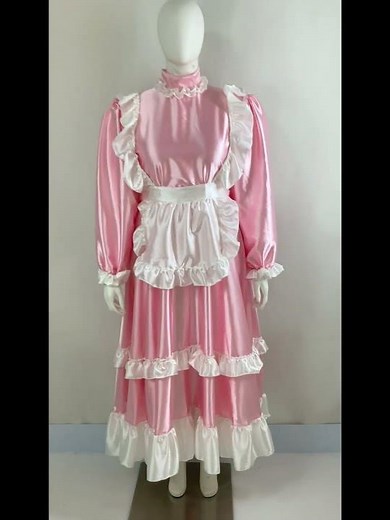 7064 sissy Puff Long Sleeves Satin Maid Dress Outfits Cosplay Maid Uniforms