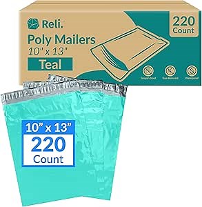 Reli. (220 Pcs) 10x13" Poly Mailers, Teal | Shipping Bags for Clothing | Teal Poly Bags for Shipping, Small Business | Mailing/Packaging - 10x13 Inch | Non-Padded Envelopes, Self Sealing