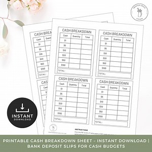 Printable Cash Breakdown Sheet – Instant Download | Bank Deposit Slip, Cash Budget, Cash Stuffing Bank Withdrawal Form - Etsy