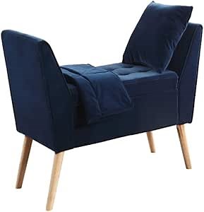 Benjara, Blue Button Tufted Wooden Storage Bench with Pillow and Blanket