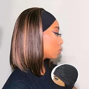 Headband Wigs Wear and Go Human Hair Short Straight Bob Wig Human Hair No Lace Wigs Glueless Hair for Black Women 180% Density 12 Inch (Highlight Color 1B/30,12 Inch)