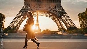 A lovely woman, viewed from behind, walks joyfully as the romantic sunset casts its glow over the Eiffel Tower and the panoramic skyline of Paris in slow motion