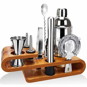 [Hot Item] Custom Bartender Kit Bar Tools Set Martini 24oz Cocktail Shaker Set with Stylish Bamboo Wood Stand