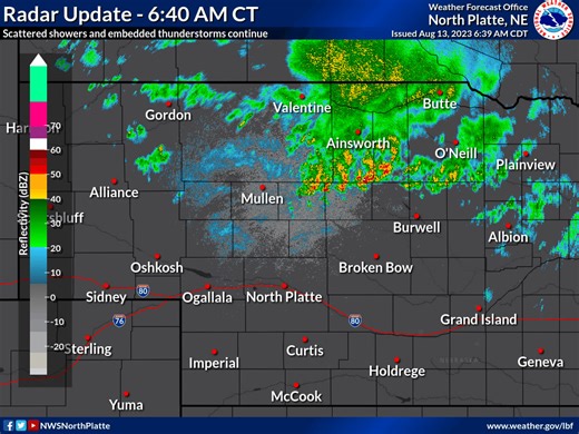 6:40 AM CT Radar - Scattered showers and embedded thunderstorms continue this morning for areas along and north of Highway 2. This activity will gradually exit eastward through the mid-morning hours. The severe threat remains low with this activity. | US National Weather Service North Platte Nebraska
