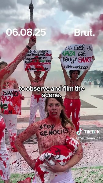 On Sunday, June 8, around twenty Femen activists protested in front of the Eiffel Tower in support of Gaza, calling for an end to Israeli airstrikes and the departure of Hamas, while criticizing global inaction. The peaceful demonstration featured messages from Gaza residents and drew attention from tourists. This footage is from Brut journalist @Remy Buisine who was on site. No police intervention occurred, and the group left without incident. #Femen #ParisProtest #Gaza #Protest #BrutFrance