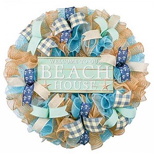 Welcome Beach Wreath - Summer Spring Front Door Decor - Ocean Decoration - Burlap Turquoise