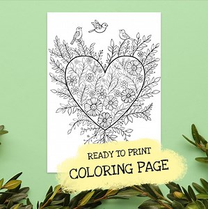 Romantic Flowers in Heart Coloring Page | Nature Lovers Printable Art | Instant Download - Etsy