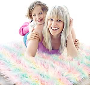 Fluffy Rainbow Rug Unicorn Carpet for Girls Bedroom - Soft Pastel Princess Castle Shag Rug, Playroom Decor, Small Colorful Furry Chair Throw, 2x3 Feet