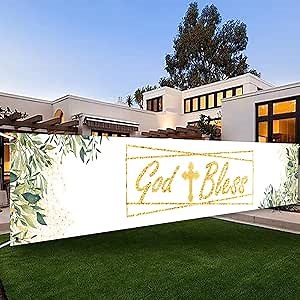 118 x 20 In Green Eucalyptus Leaves First Eucharist Banner Sign God Bless The Cross Baptism Boys And Girls Newborn Baptism Confirmation Religious Party Decorations Baby Shower Indoor Outdoor