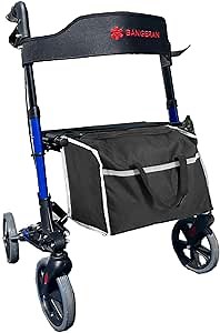 Compact All Terrain Rollator Walker with Seat 4-Wheel Design, Outdoor Mobility Aid, Foldable Lightweight Frame for Seniors & Adults, 18 lbs, 8" Non-Pneumatic Tire Front Wheels & Ergonomic Seat (Blue)