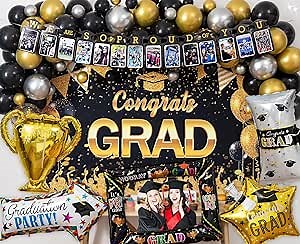 Graduation Party Decoration Class of 2024 2025,Black,Gold,Silver balloon,For College Graduation,Include Photo Banner,Custom large background,Photo Frame Balloon,Signing pen