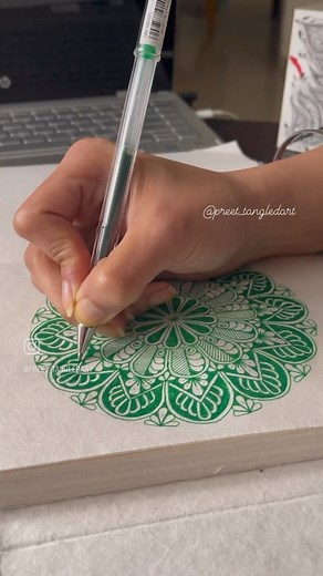9.2K views · 88 reactions | Green Mandala Save and share﫶 —————————- Supplies Sketchbook- @bohemianalley Pen- Gel pen from @uniball_india . ————————— #reelsinstagram #reels #mandala #mandalaart #mandalaartist #mandalatutorial #doodleart #artistsoninstagram #mandalapattern #mandalapatterntutorial #learnartonline #drawing #learnmandala | Preet.tangledart | Facebook