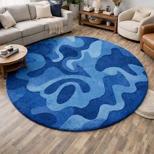 Tapis rond en laine bleu abstrait - Tapis circulaire moderne touffeté, artisanat pour le salon - Etsy France