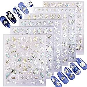 20 Sheets Nail Art Stickers 5D Embossed,Luxury Gold Silver Nail Decals Self-Adhesive Customized Metallic Leaves Flower Butterflies Pattern French Nail Stickers for Women Girls Salon Home DIY Nail